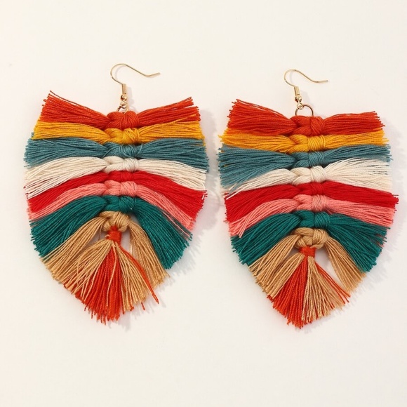 Boho Multicolor Tassel Leaf Shaped Earrings - Picture 2 of 3